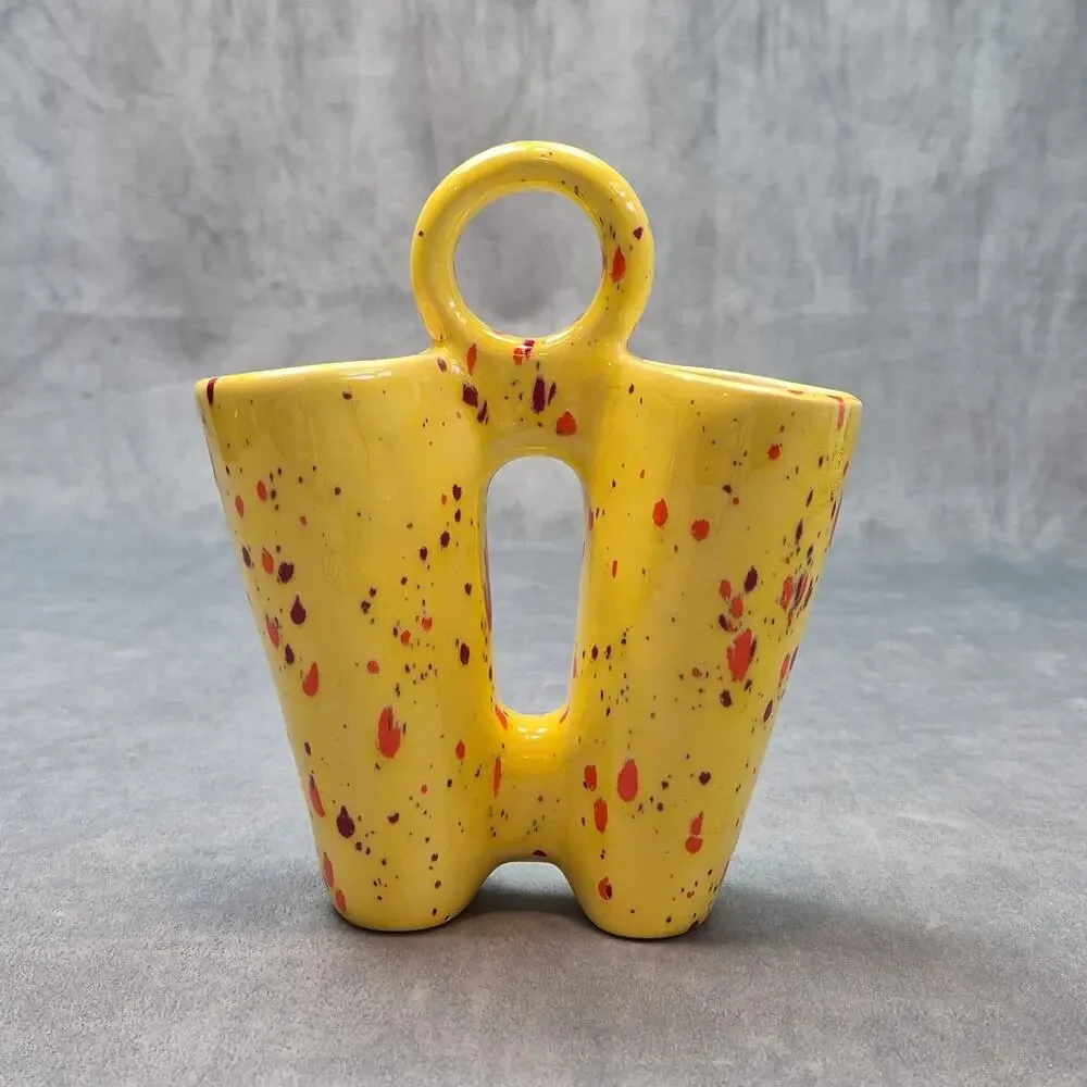 Vintage 1980s Ceramic Double Bud Vase Splatter Speckled Yellow Orange Drip Vase